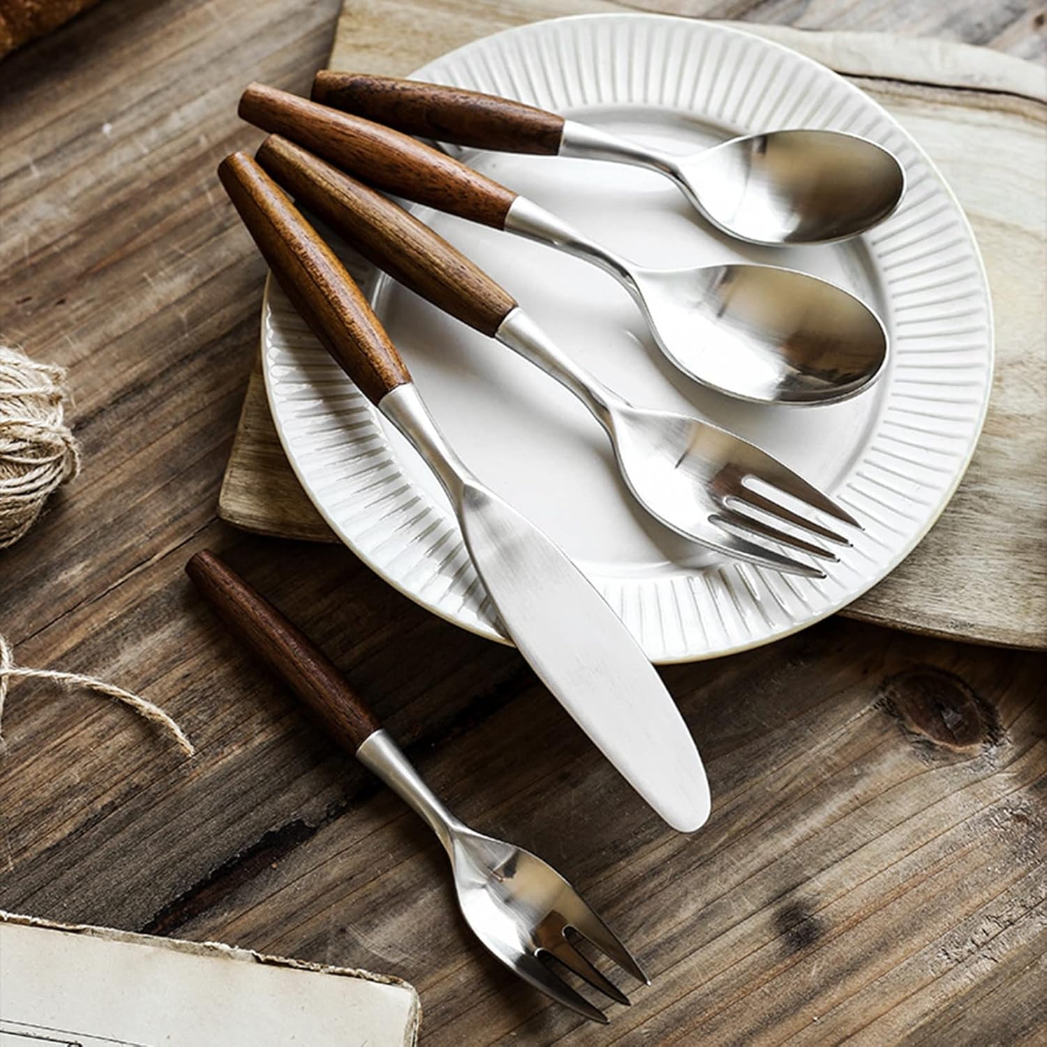 5-Piece Wood Handle Flatware Set - 304 Stainless Steel Japanese Style Cutlery Service for 5 - Onestopv