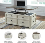 Ashley Bolanburg Lift Top Coffee Table with Drawers, Antique Cream & Brown
