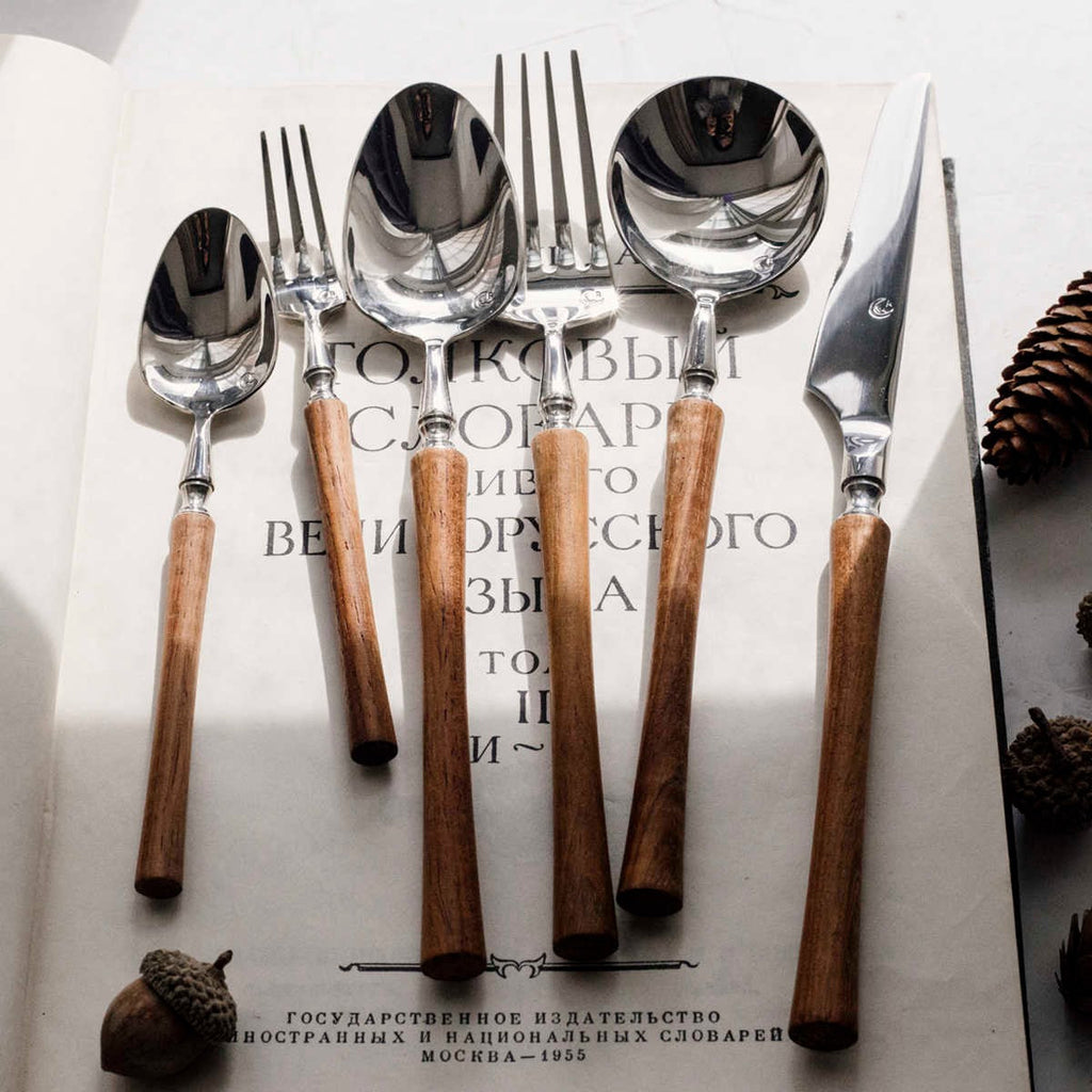 Minimalist Silverware Set with Wooden Handle - 18/8 Stainless Steel Tableware Service for 6 - Onestopv
