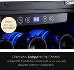 24 inch Wine Cooler, 46 Bottle - Dual Zone Built-in or Freestanding Fridge with Stainless Steel Reversible Glass Door, for Home, Kitchen, or Office.