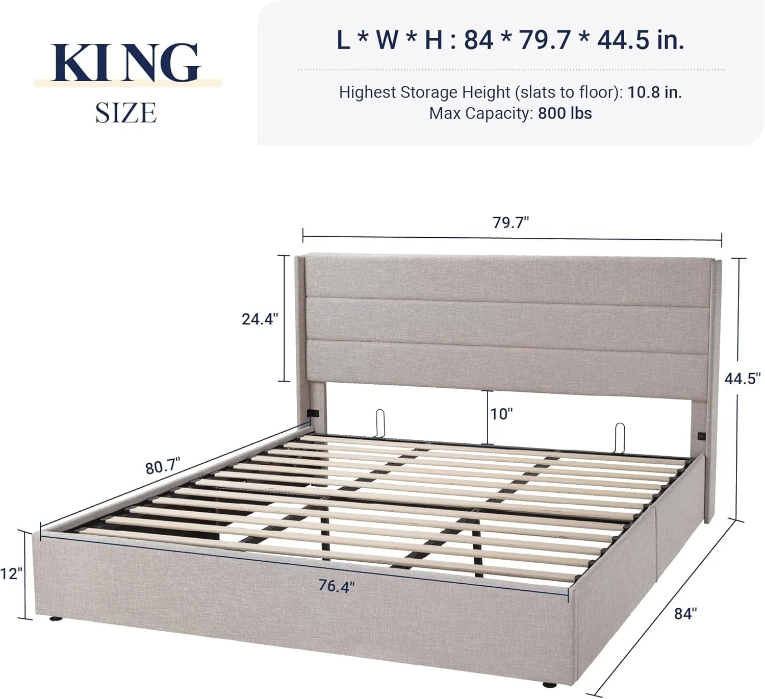 Allewie Queen Size Lift Up Storage Bed, Modern Wingback Headboard, Hydraulic Support, No Box Spring Needed, Light Beige