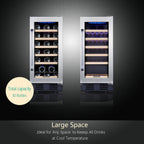 24 inch Wine Cooler, 46 Bottle - Dual Zone Built-in or Freestanding Fridge with Stainless Steel Reversible Glass Door, for Home, Kitchen, or Office.
