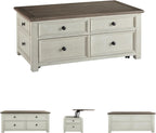 Ashley Bolanburg Lift Top Coffee Table with Drawers, Antique Cream & Brown