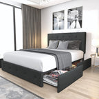 Allewie Upholstered Queen Size Platform Bed Frame with 4 Storage Drawers and Headboard, Square Stitched Button Tufted, Mattress Foundation with Wooden Slats Support, No Box Spring Needed, Light Grey