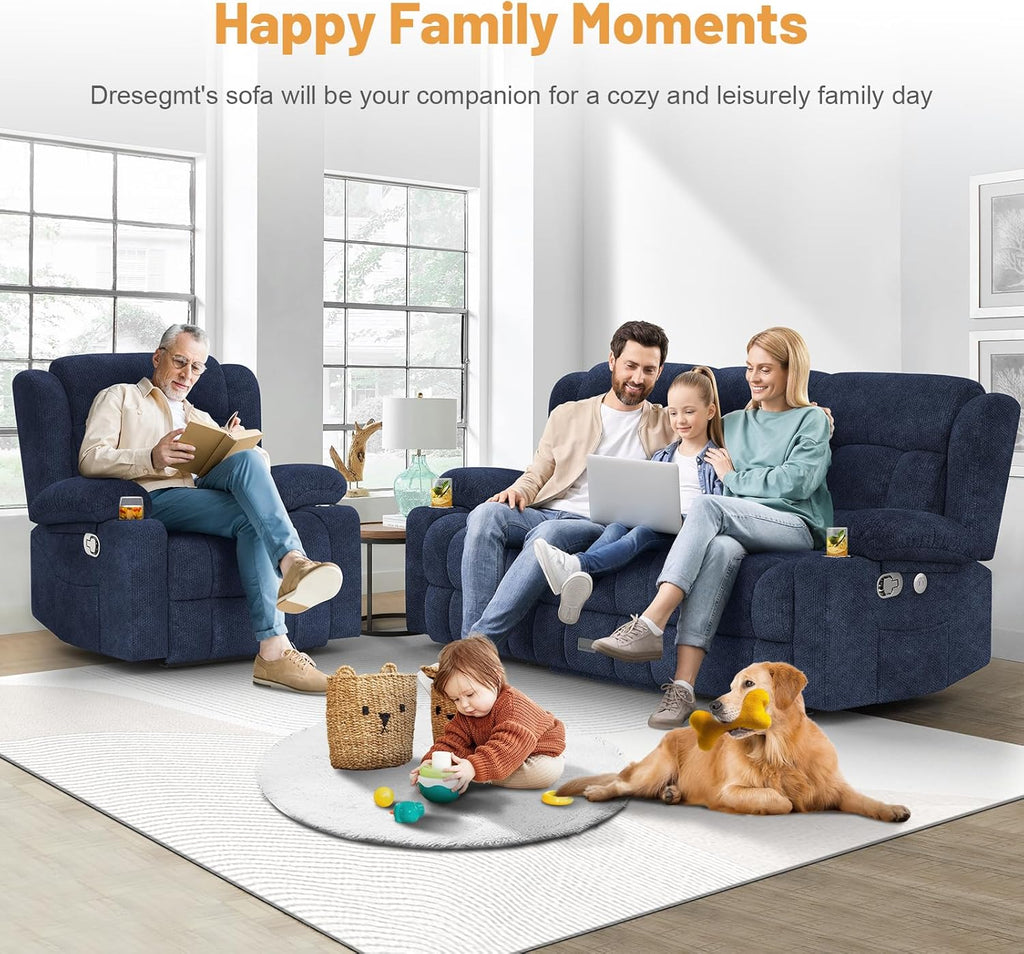 3 Seat Reclining Sofa with Storage Drawer USB Ports & Cup Holders Manual Couch