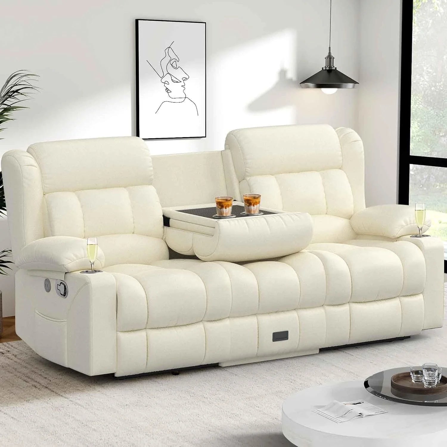 3 Seat Reclining Sofa with Storage Drawer USB Ports & Cup Holders Manual Couch
