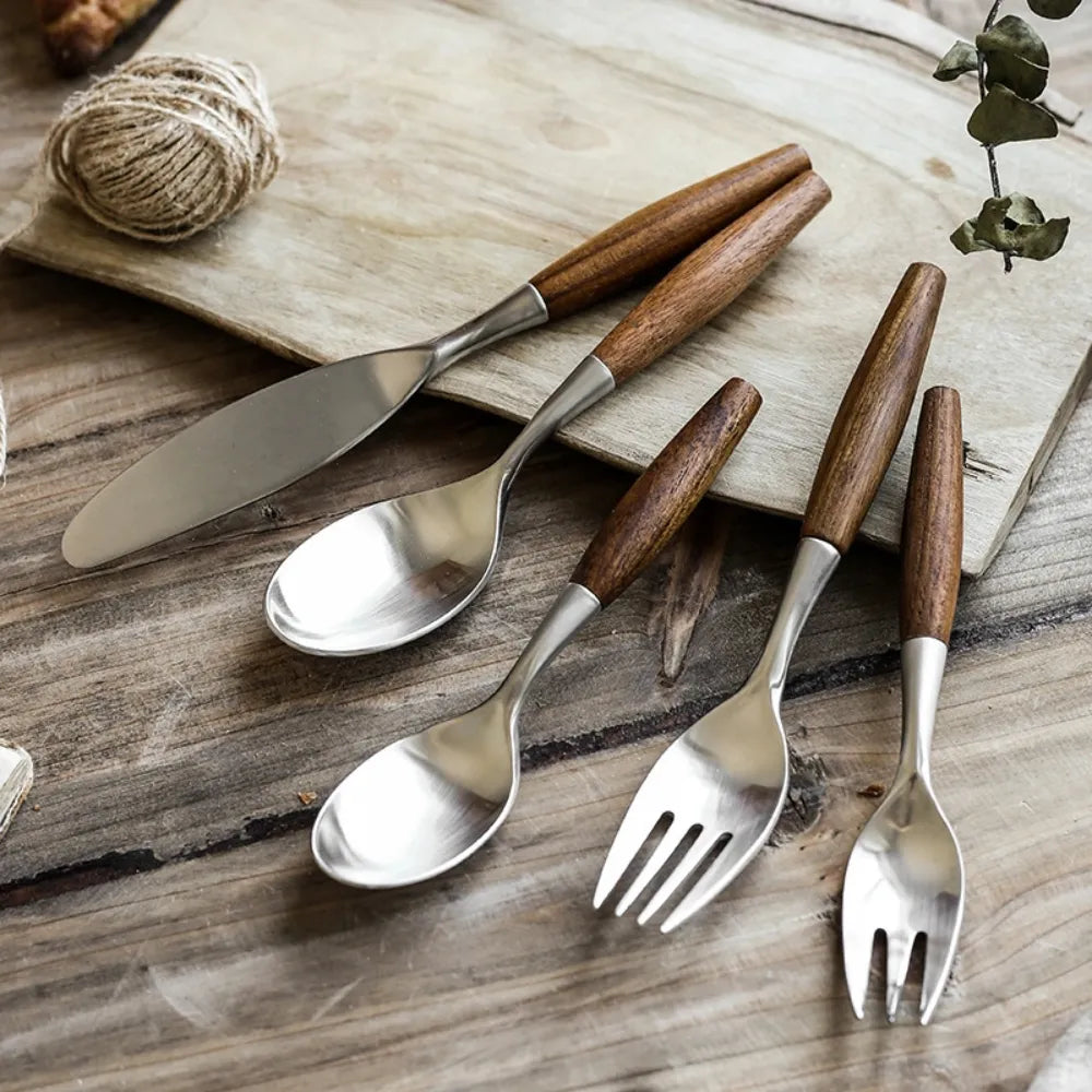 5-Piece Wood Handle Flatware Set - 304 Stainless Steel Japanese Style Cutlery Service for 5 - Onestopv