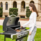 Upgraded 4 Burner BBQ Propane Gas Grill with Cast Iron Grates & Side Stove, 44,000 BTU Stainless Steel Burner Barbecue Grill for Patio, Camping, Outdoor Cooking MELLCOM