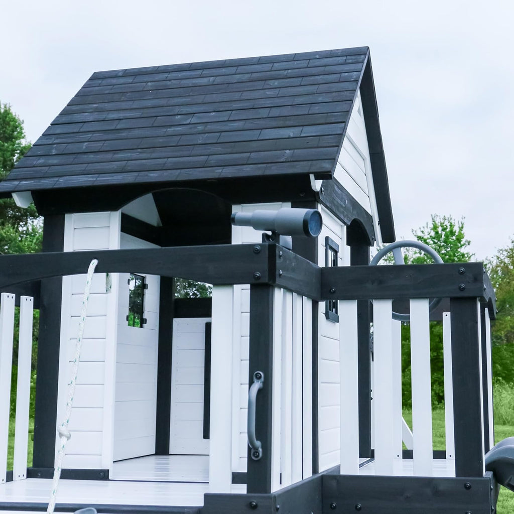 Canyon Creek Cedar Wood Swing Set with Wave Slide, Clubhouse, Play Kitchen, Picnic Area, Belt Swings, Web Swing, Rock Wall, Balconies, Playhouse, Step Ladder, Outdoor Playset