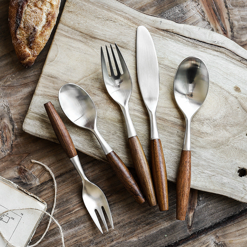 5-Piece Wood Handle Flatware Set - 304 Stainless Steel Japanese Style Cutlery Service for 5 - Onestopv