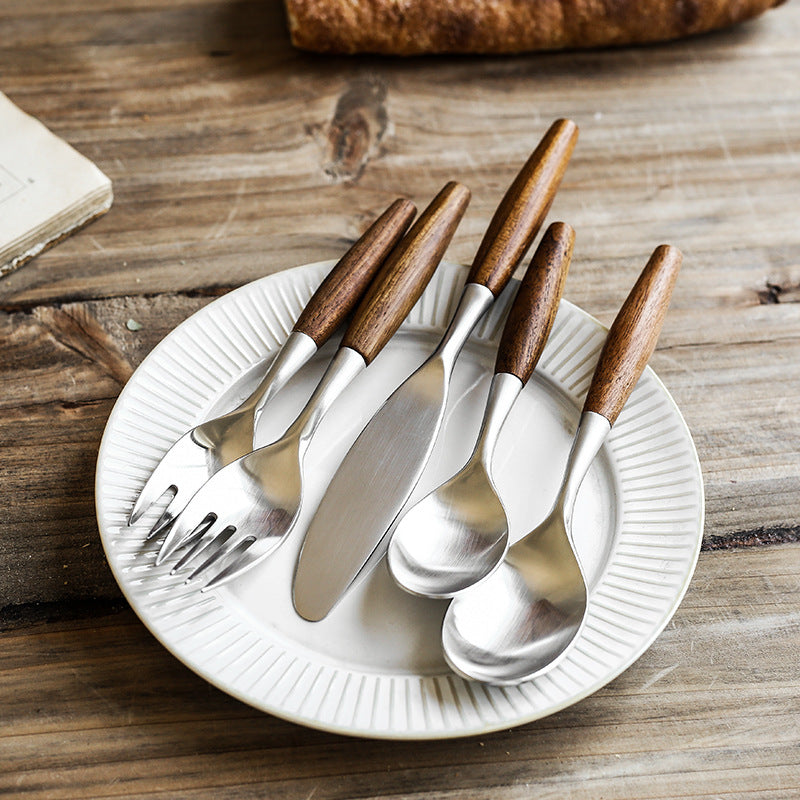 5-Piece Wood Handle Flatware Set - 304 Stainless Steel Japanese Style Cutlery Service for 5 - Onestopv