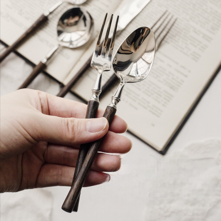 Vintage Walnut Wood Handle Flatware Set - 18/8 Stainless Steel Rustic Cutlery Service for 5 - Onestopv