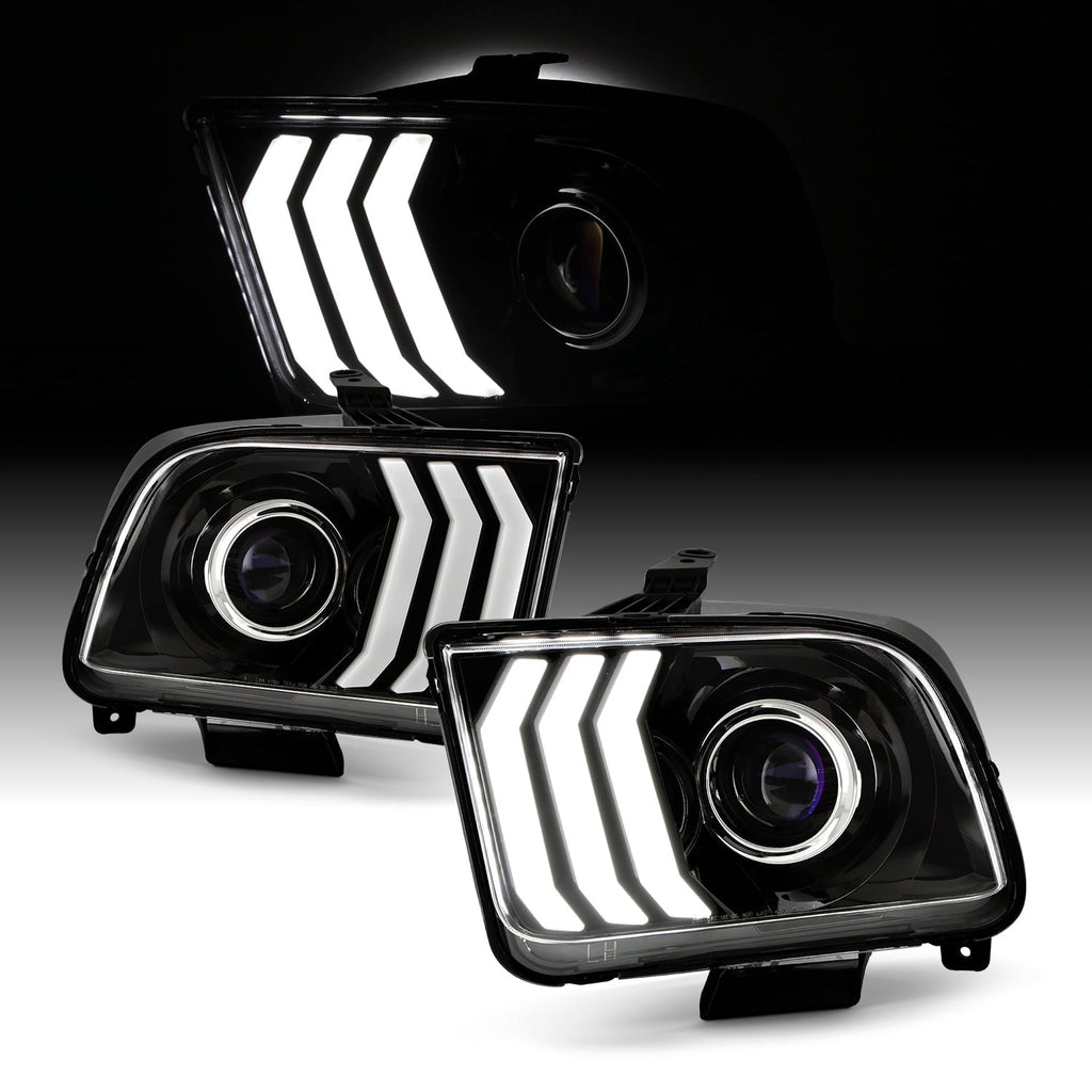 AKKON - Fits 2005-2009 Ford Mustang LED Tube DRL Parking Halogen Type Projector Black Headlights Pair Driver+Passenger
