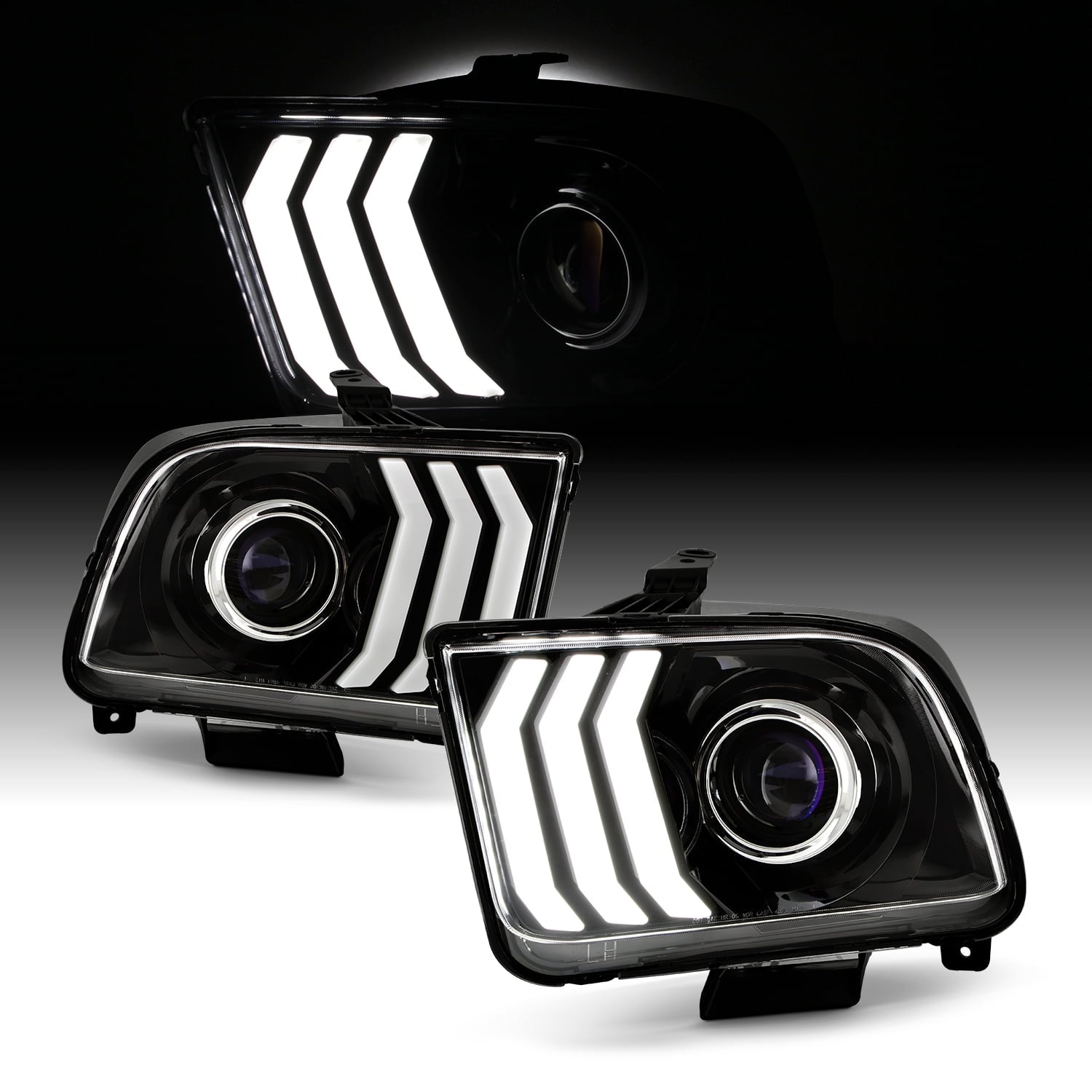 AKKON - Fits 2005-2009 Ford Mustang LED Tube DRL Parking Halogen Type Projector Black Headlights Pair Driver+Passenger