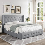 Allewie Queen Size Lift Up Storage Bed, Modern Wingback Headboard, Hydraulic Support, No Box Spring Needed, Light Beige