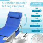 3-in-1 Outdoor Sun Tanning Lounge Chair with Face Hole 5-Position Recliner, Folding Side Table & Removable Pillow, 330lbs Capacity, Blue
