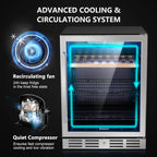 24 inch Wine Cooler, 46 Bottle - Dual Zone Built-in or Freestanding Fridge with Stainless Steel Reversible Glass Door, for Home, Kitchen, or Office.