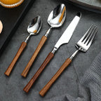 Minimalist Silverware Set with Wooden Handle - 18/8 Stainless Steel Tableware Service for 6 - Onestopv