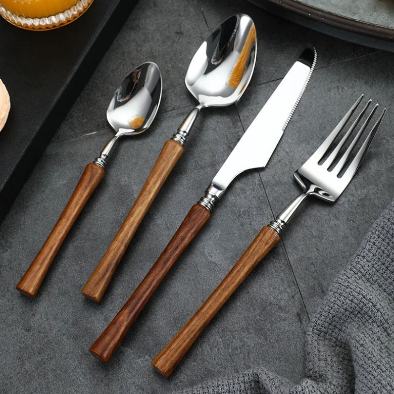 Minimalist Silverware Set with Wooden Handle - 18/8 Stainless Steel Tableware Service for 6 - Onestopv