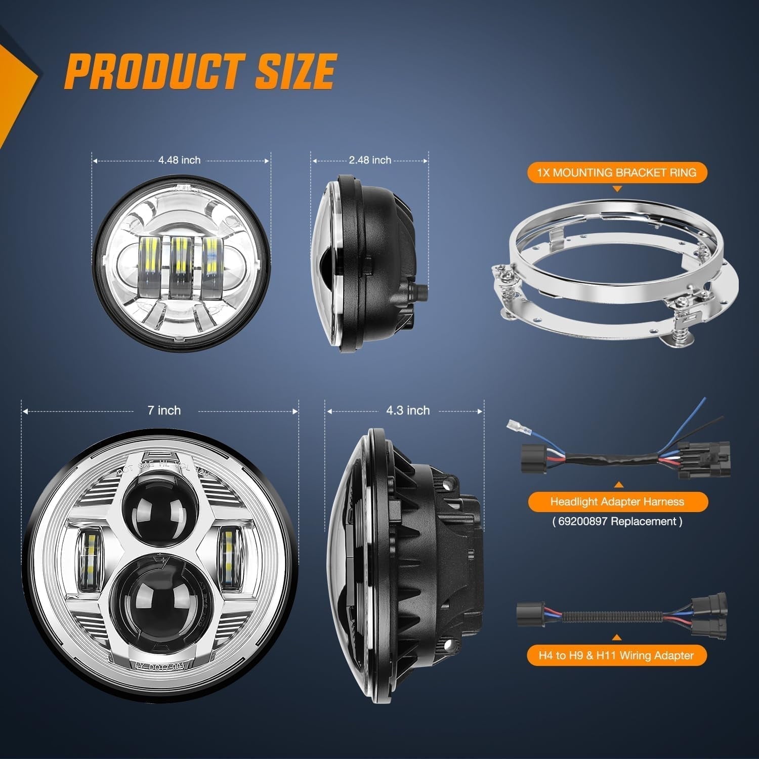 7 "Motorcycle Led Headlights 4.5" Fog Light Assist DOT Kit Compatible with Harley-Davidson Elektra Street Glide Fat Boy Road King Heritage Softtail CVO,