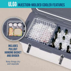 60 QT Ultra-Light Injection Molded Cooler - Ice Chest Keeps Ice up to 7 Days - Large Cooler Includes Wire Basket, Divider and Built-in Bottle Opener