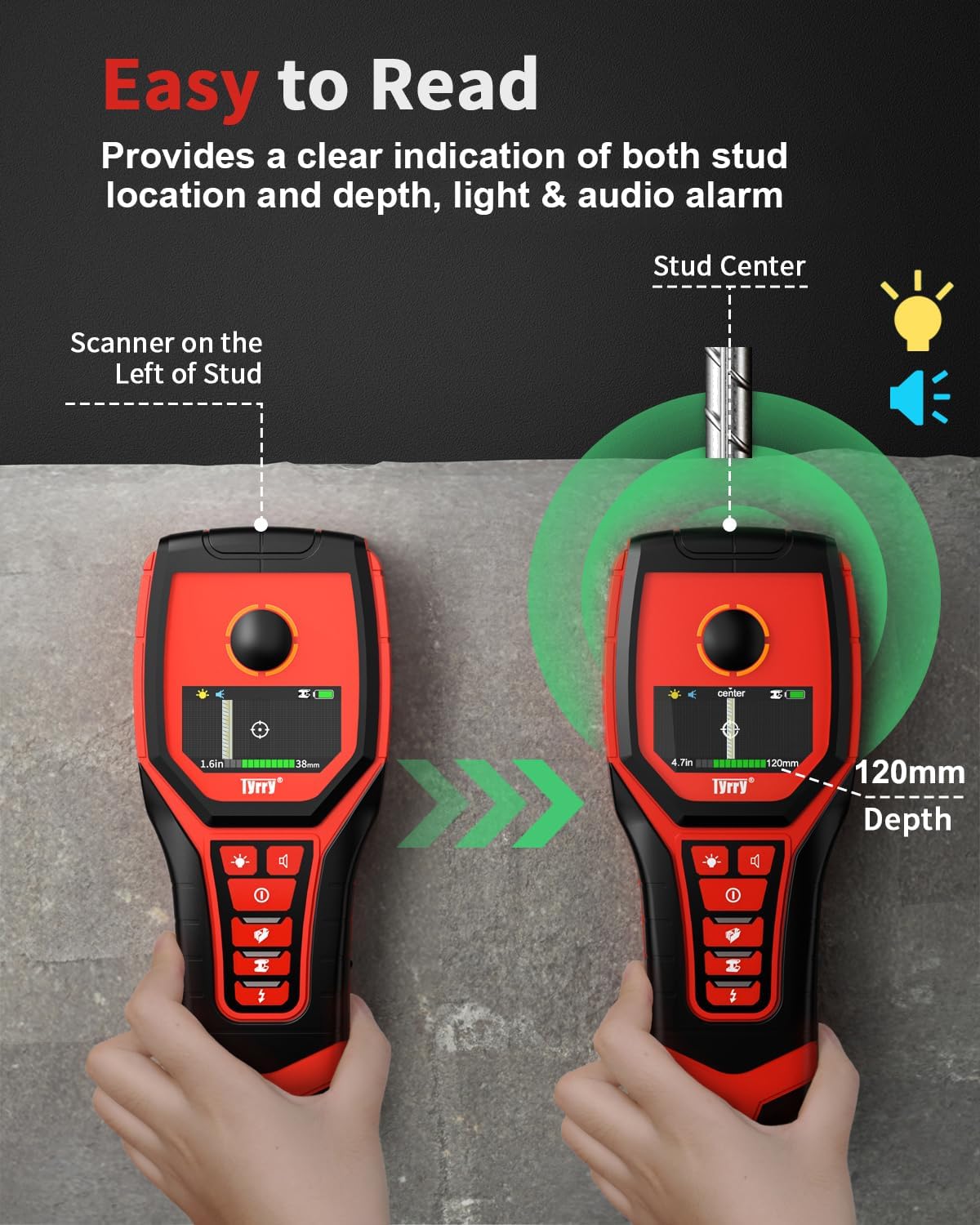 5 in 1 Stud Finder Wall Scanner Rechargeable with 9 Sensors for Precise Center and Edge of AC Wire Magnetic Metal Joist Wood Pipe Detection, HD Color Display Position & Depth, Audio Light Alarm