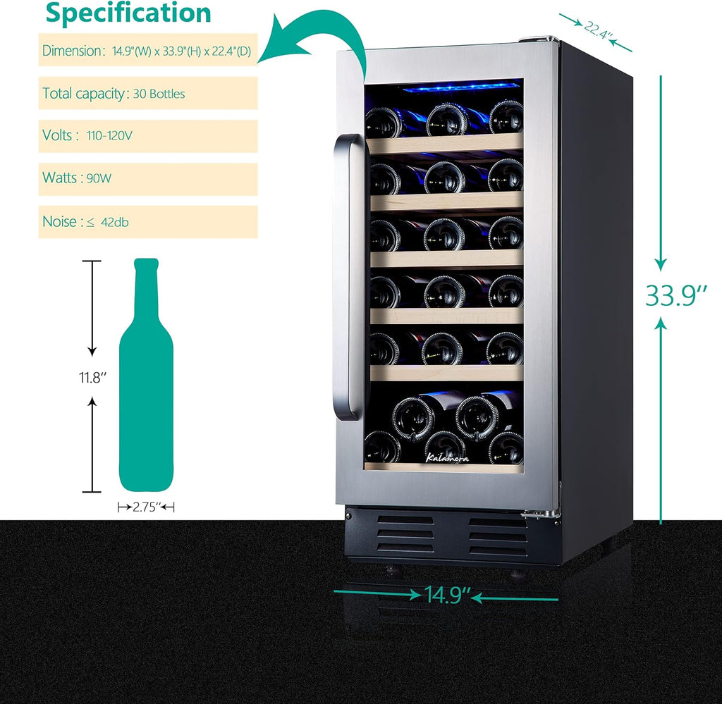24 inch Wine Cooler, 46 Bottle - Dual Zone Built-in or Freestanding Fridge with Stainless Steel Reversible Glass Door, for Home, Kitchen, or Office.