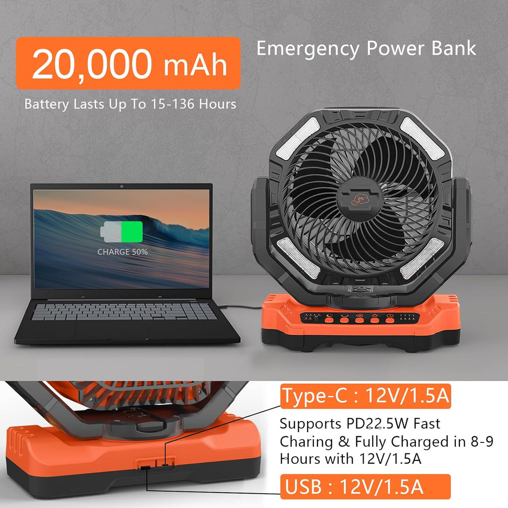 40,000mAh Battery Operated Fan, 13" Remote Camping Fan with LED Auto-Oscillating Rechargeable Fan Powerful Portable Desk Fan for Home, Camping, RV, Courtyard, Picnic, Emergency Power
