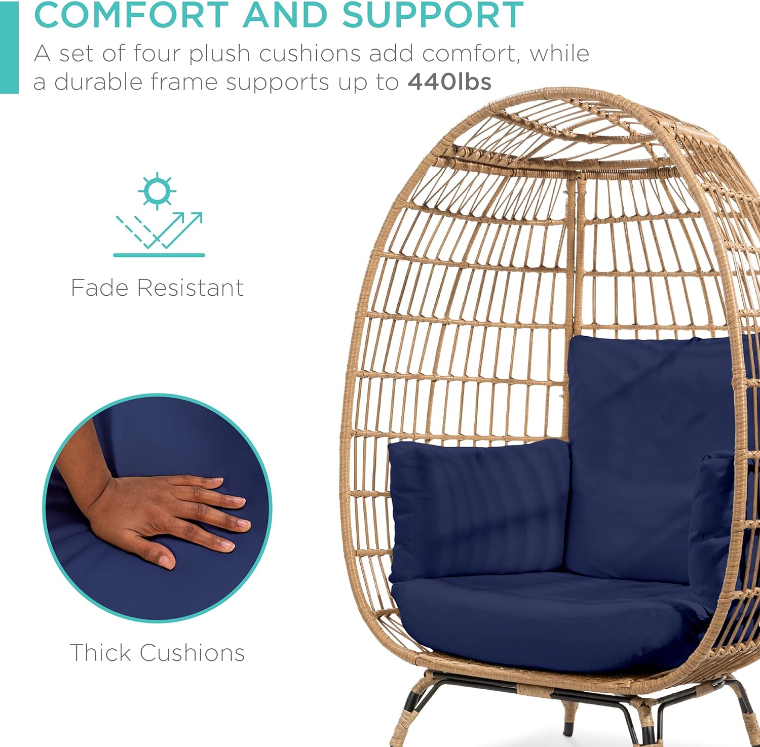 Best Choice Products Wicker Egg Chair, Oversized Indoor Outdoor Lounger for Patio, Backyard, Living Room w/ 4 Cushions, Steel Frame, 440lb Capacity - Ivory