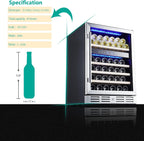 24 inch Wine Cooler, 46 Bottle - Dual Zone Built-in or Freestanding Fridge with Stainless Steel Reversible Glass Door, for Home, Kitchen, or Office.