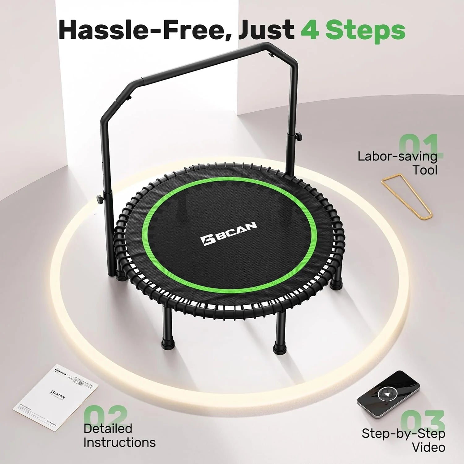 BCAN 450/550 LBS Foldable Mini Trampoline, 40"/48" Fitness Trampoline with Bungees, U Shape Adjustable Foam Handle, Stable & Quiet Exercise Rebounder for Adults Indoor/Outdoor Workout