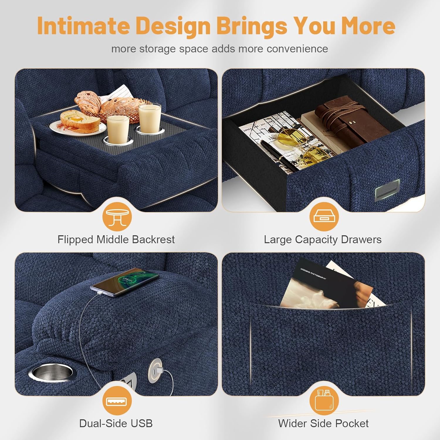 3 Seat Reclining Sofa with Storage Drawer USB Ports & Cup Holders Manual Couch