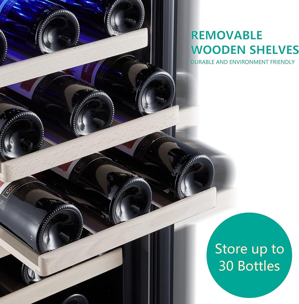 24 inch Wine Cooler, 46 Bottle - Dual Zone Built-in or Freestanding Fridge with Stainless Steel Reversible Glass Door, for Home, Kitchen, or Office.