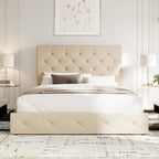 Allewie Upholstered Queen Size Platform Bed Frame with 4 Storage Drawers and Headboard, Square Stitched Button Tufted, Mattress Foundation with Wooden Slats Support, No Box Spring Needed, Light Grey