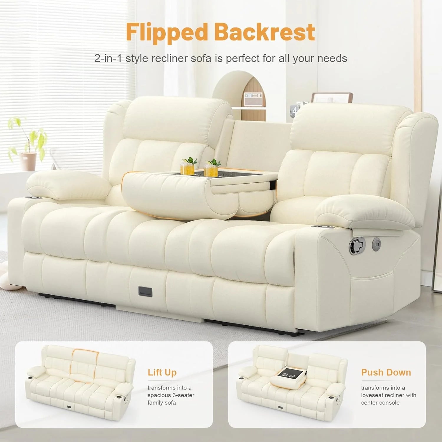 3 Seat Reclining Sofa with Storage Drawer USB Ports & Cup Holders Manual Couch