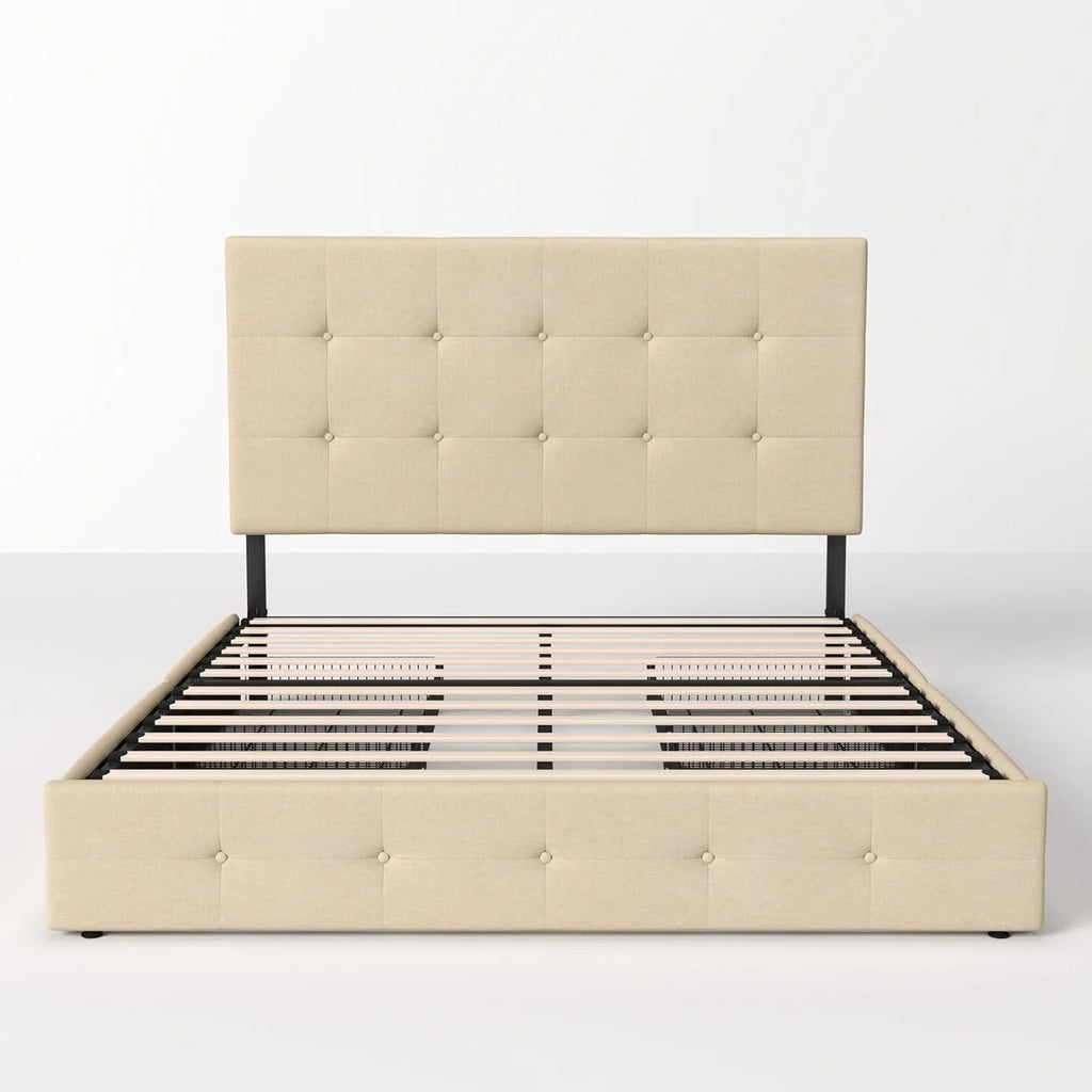 Allewie Upholstered Queen Size Platform Bed Frame with 4 Storage Drawers and Headboard, Square Stitched Button Tufted, Mattress Foundation with Wooden Slats Support, No Box Spring Needed, Light Grey
