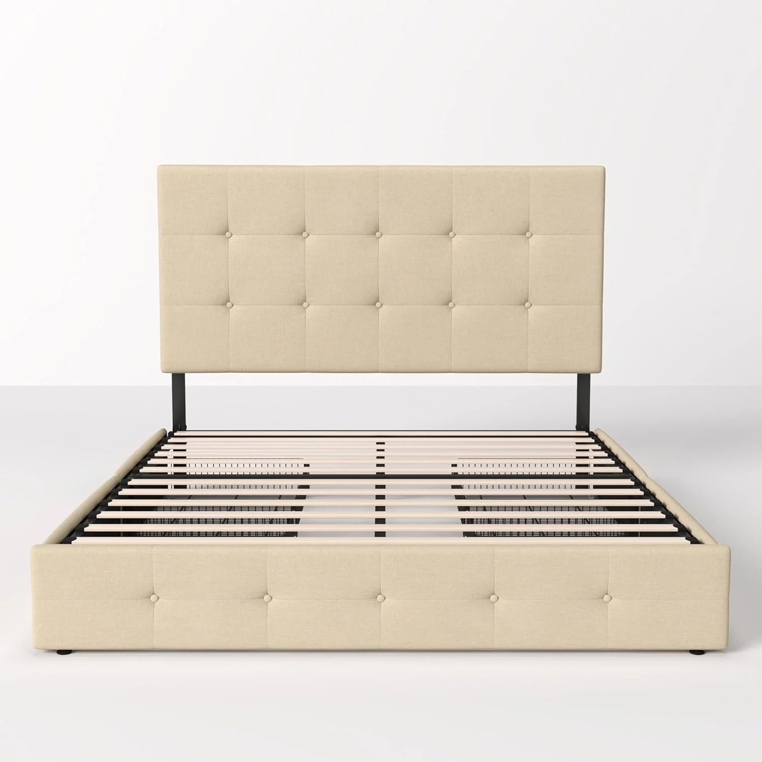 Allewie Upholstered Queen Size Platform Bed Frame with 4 Storage Drawers and Headboard, Square Stitched Button Tufted, Mattress Foundation with Wooden Slats Support, No Box Spring Needed, Light Grey