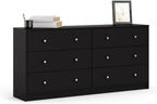 3-Pc Scandinavian Design Engineered Wood Bedroom Furniture Set with 3-Drawer Chest & 6-Drawer Double Dresser & 1-Drawer Nightstand, Pewter Plastic Handles, Smooth Plastic Glides, in Black