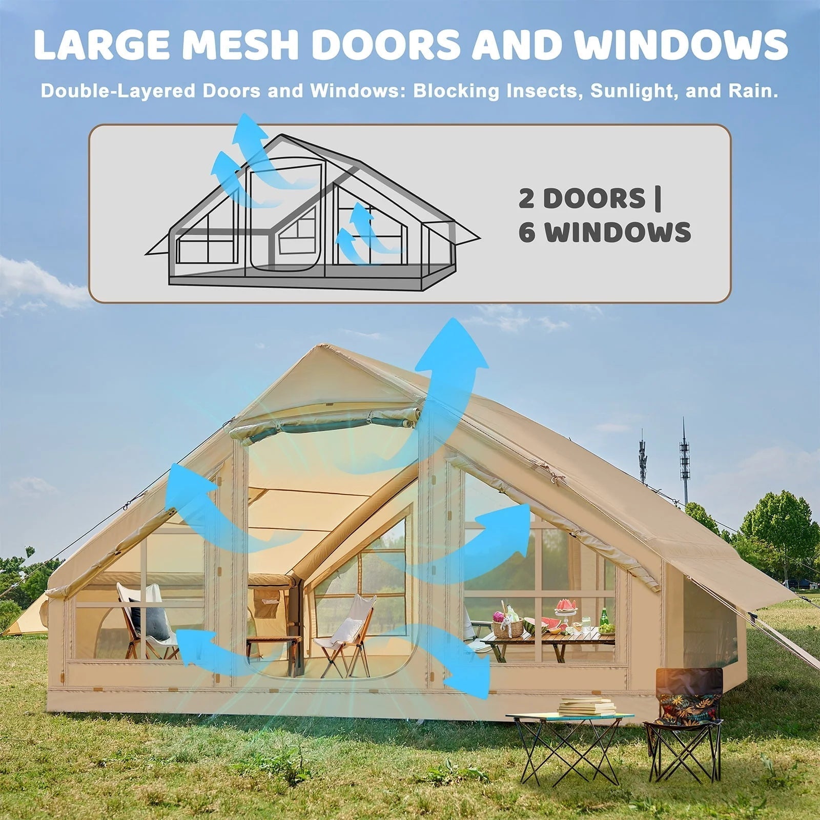 6 Person Inflatable Camping Tent with Pump, 10ft x7ft Glamping Family Tent Easy Setup 4 Season Waterproof Windproof Outdoor Blow Up Tent Luxury Oxford Cabin with Mesh Windows & Doors