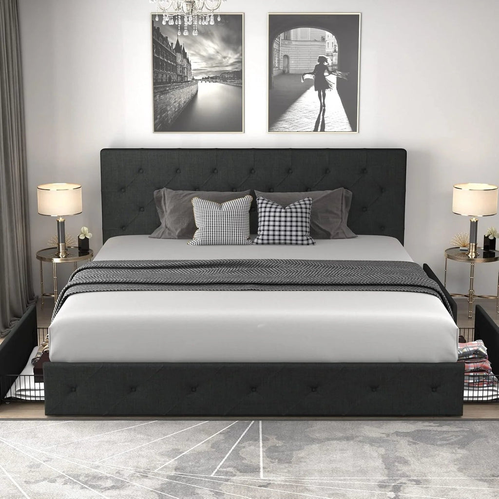 Allewie Upholstered Queen Size Platform Bed Frame with 4 Storage Drawers and Headboard, Square Stitched Button Tufted, Mattress Foundation with Wooden Slats Support, No Box Spring Needed, Light Grey