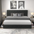 Allewie Upholstered Queen Size Platform Bed Frame with 4 Storage Drawers and Headboard, Square Stitched Button Tufted, Mattress Foundation with Wooden Slats Support, No Box Spring Needed, Light Grey