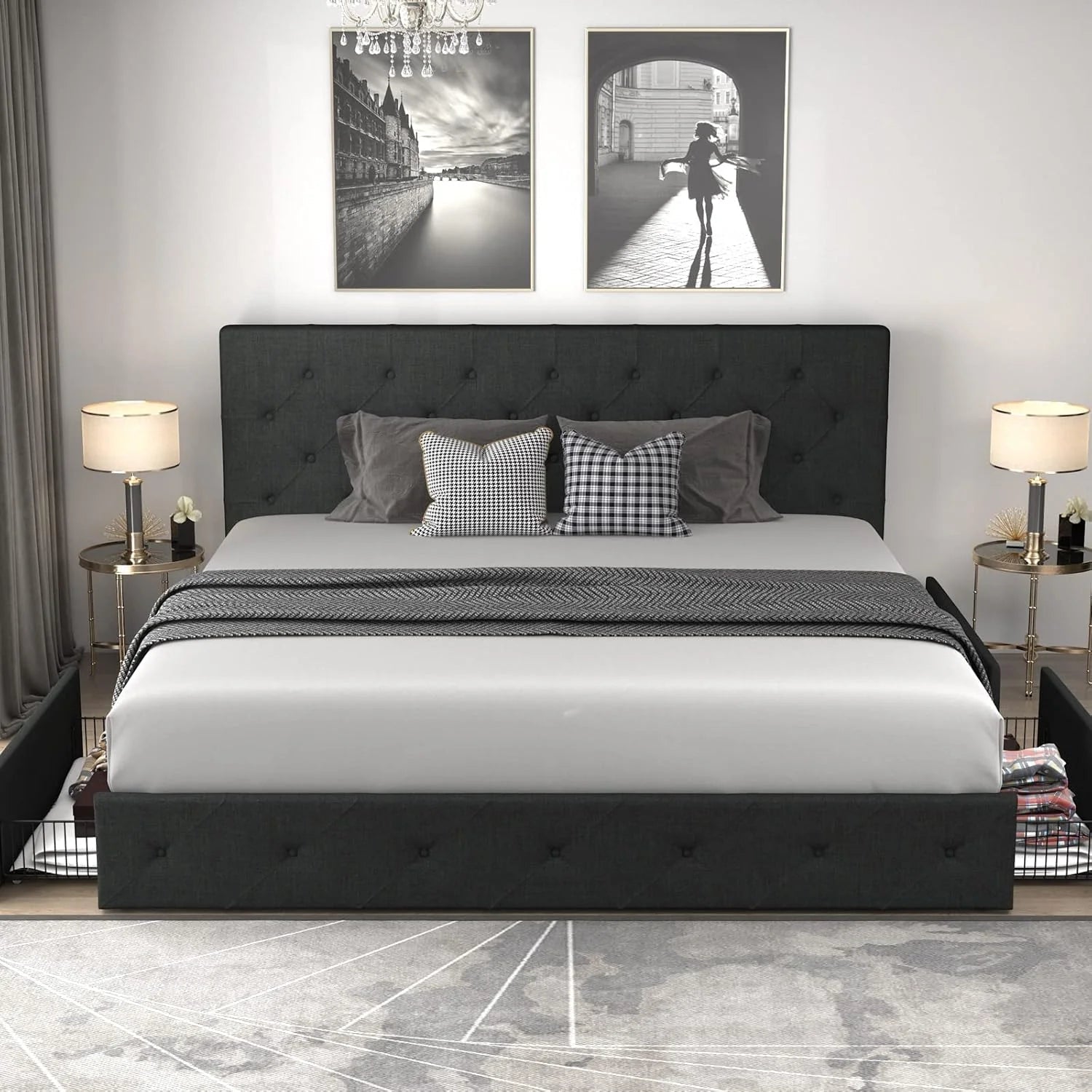 Allewie Upholstered Queen Size Platform Bed Frame with 4 Storage Drawers and Headboard, Square Stitched Button Tufted, Mattress Foundation with Wooden Slats Support, No Box Spring Needed, Light Grey