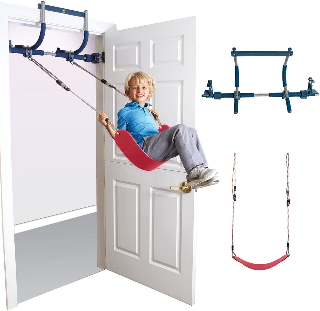 6 Piece Indoor Doorway Gym Set for Kids – Indoor Swing for Kids Includes Kids Swing Chair, Rings, Hanging Trapeze, Ladder, Swinging Rope & Pullup Bar