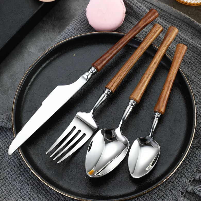 Minimalist Silverware Set with Wooden Handle - 18/8 Stainless Steel Tableware Service for 6 - Onestopv